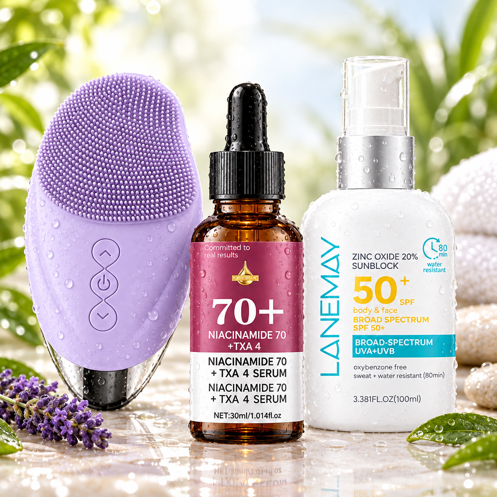 Glow Ritual Set lavender purple dewy spa background