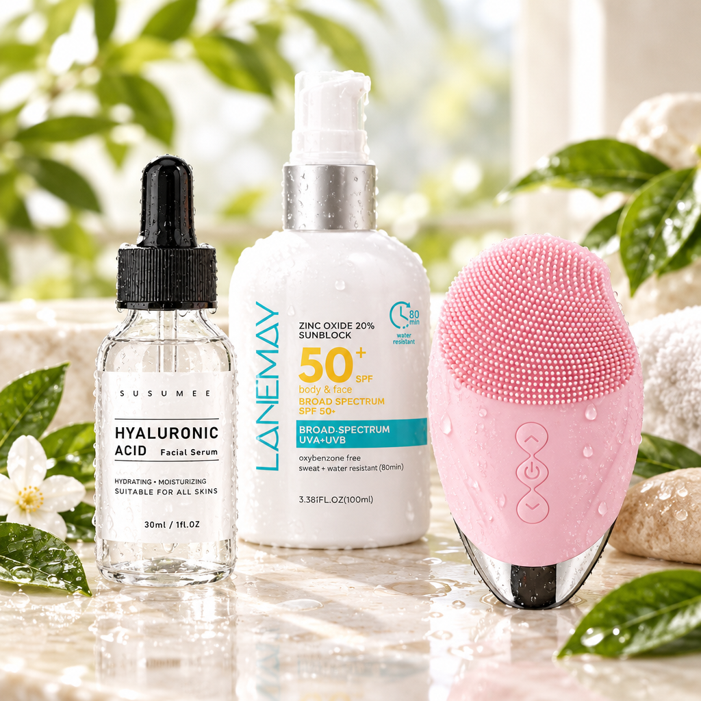Hydrate & Glow Set rose pink dewy spa background