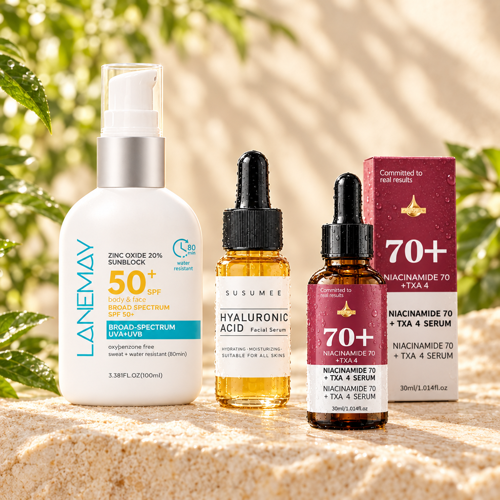 Summer Glow Trio with SunRoyale sunscreen, Plumora serum and Bare Confidence serum